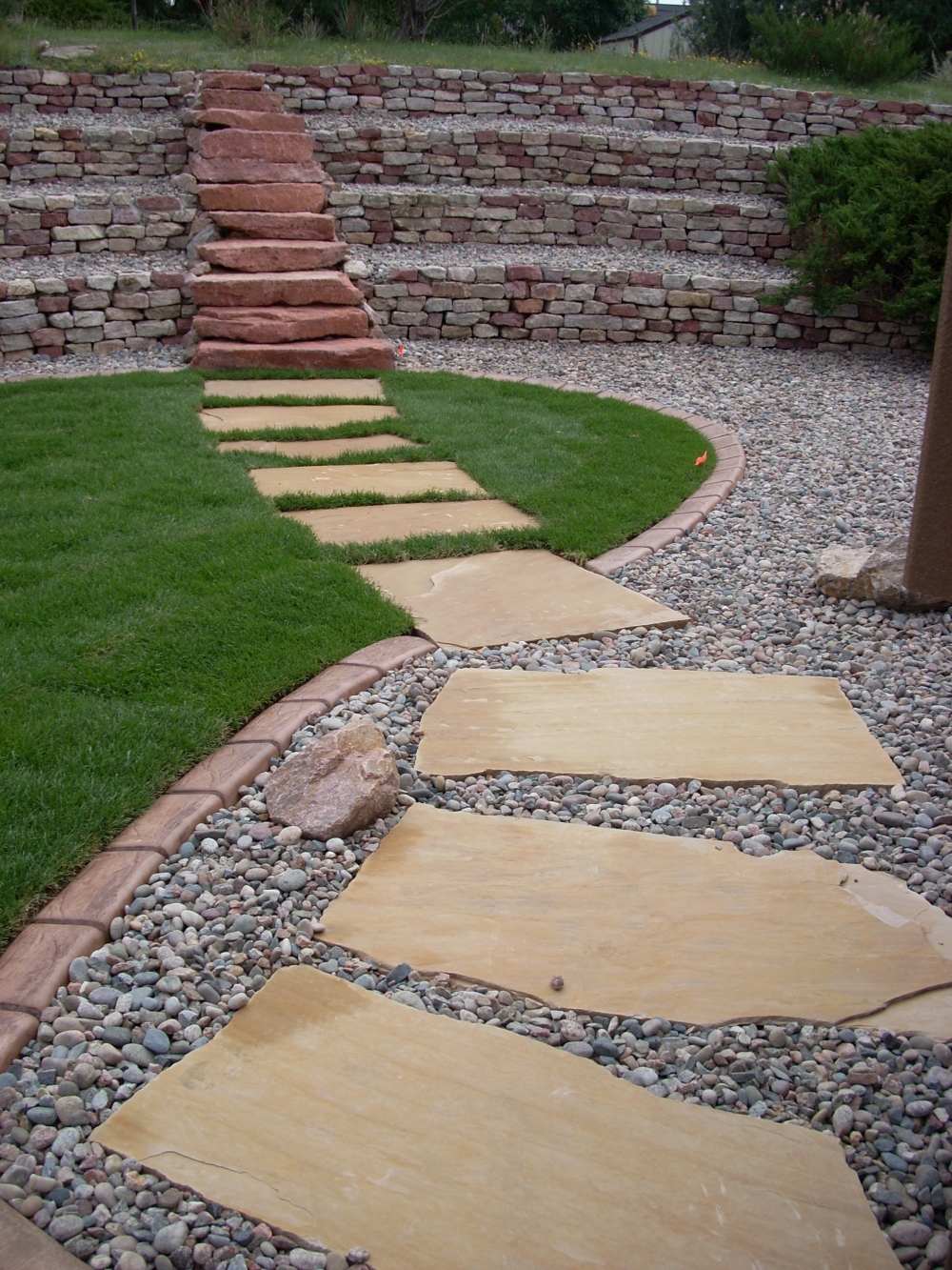 Flagstone and River Rock to Tiered Retaining Wall